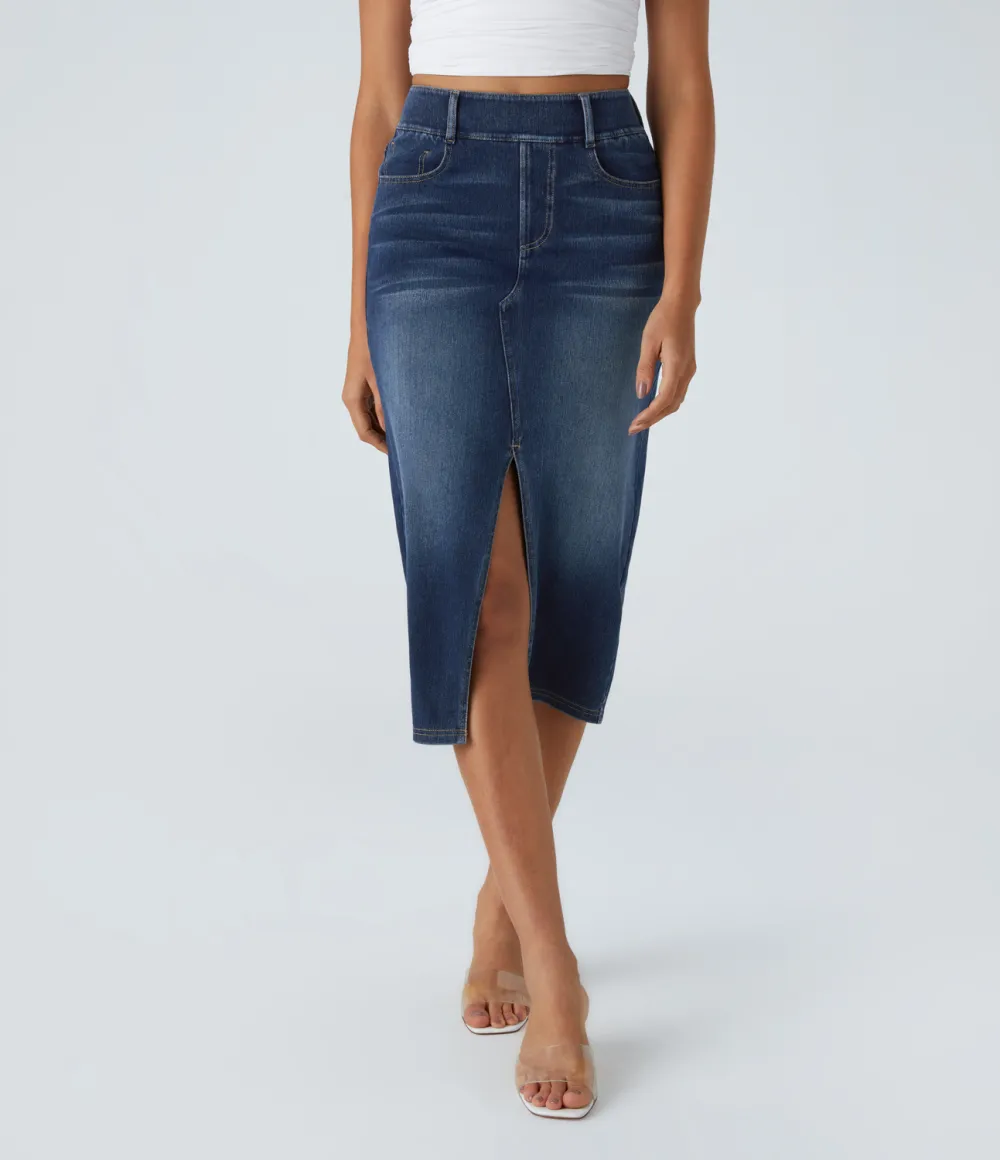 Magic High Waisted Multiple Pockets Bodycon Split Washed Stretchy Knit Denim Casual Midi Skirt
