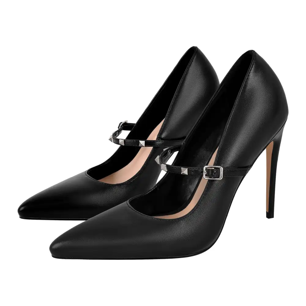 Rivet Pointed Toe Stiletto Buckle Strap Pumps