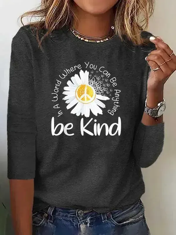 Women Casual Autumn Daisy Daily Loose Long sleeve Crew Neck Regular H-Line T-shirt