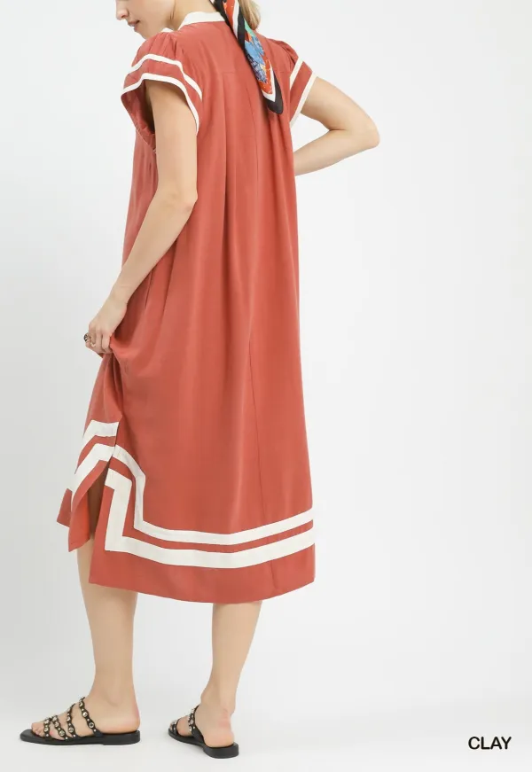 Cotton Linen Cotton Contrast Neckline Midi Dress