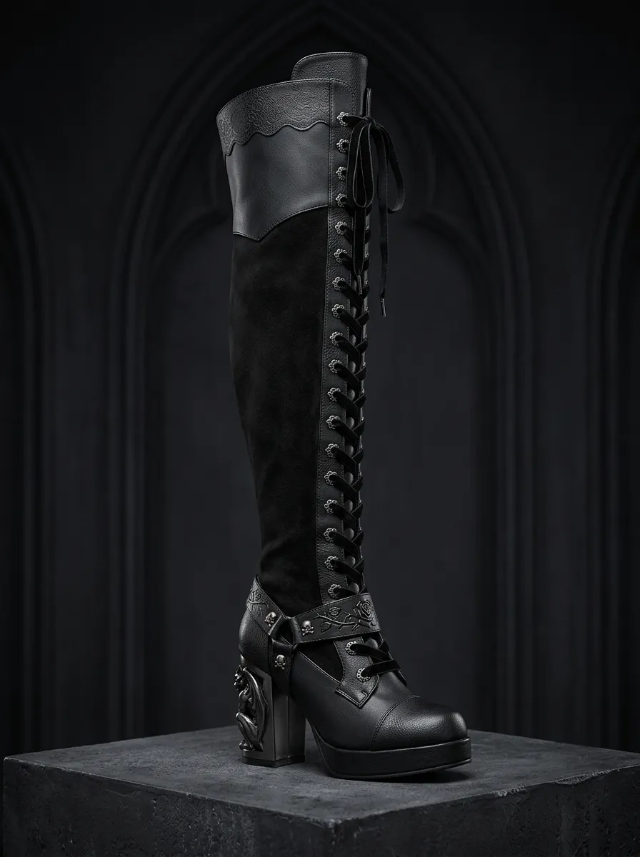Gothic Revival Skull Rose Lace Gothic Edit Women's Gothic Platform Knee High Boots