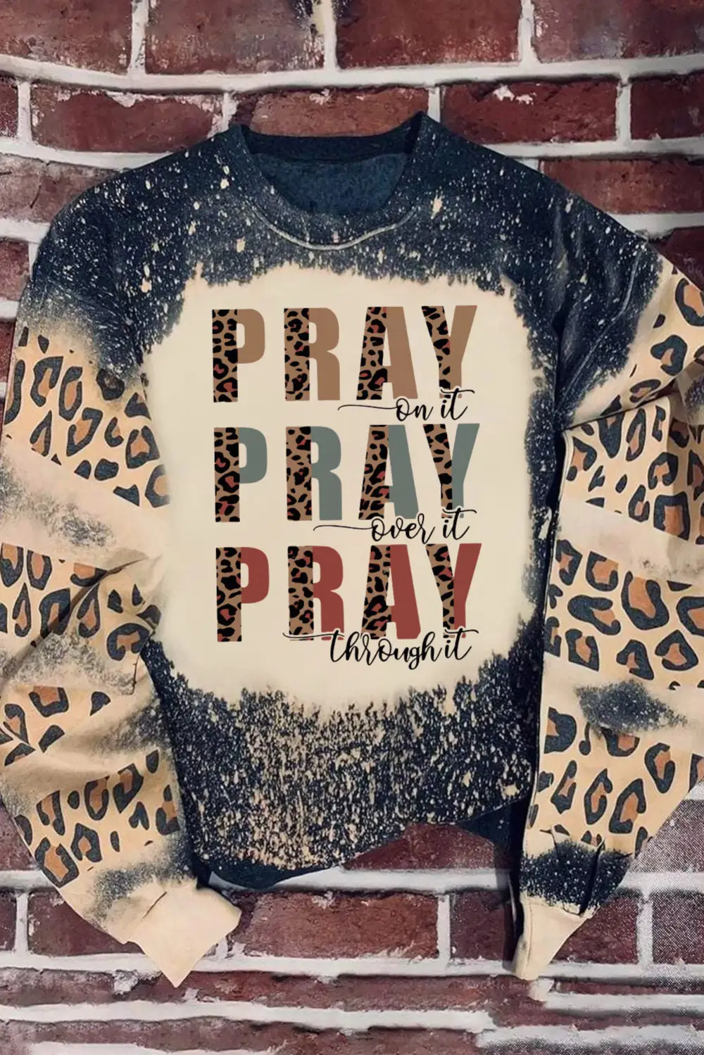 PRAY Letter Leopard Bleached Color Block Sweatshirt