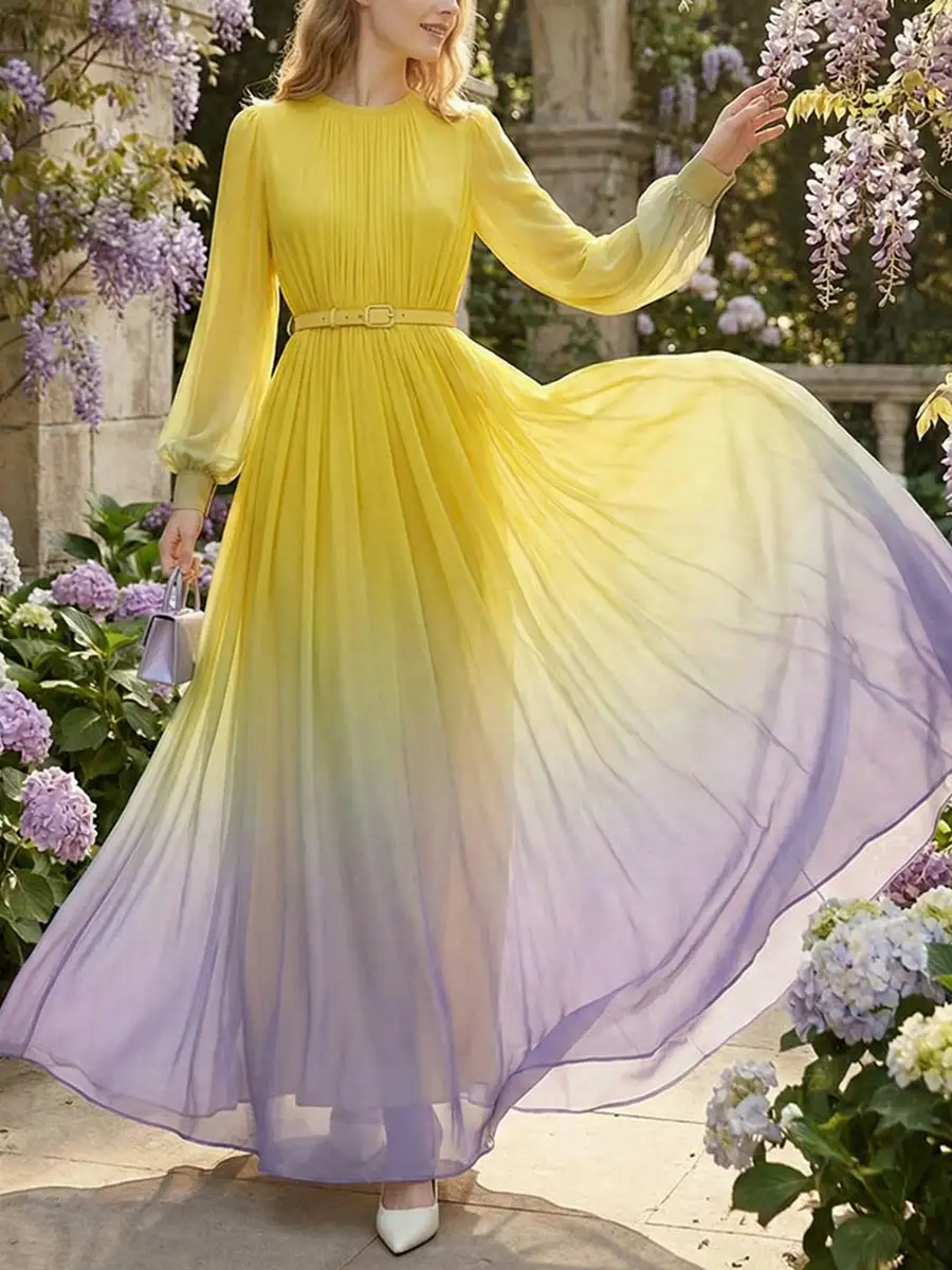 Pleated Belted Long Neck Maxi Dress