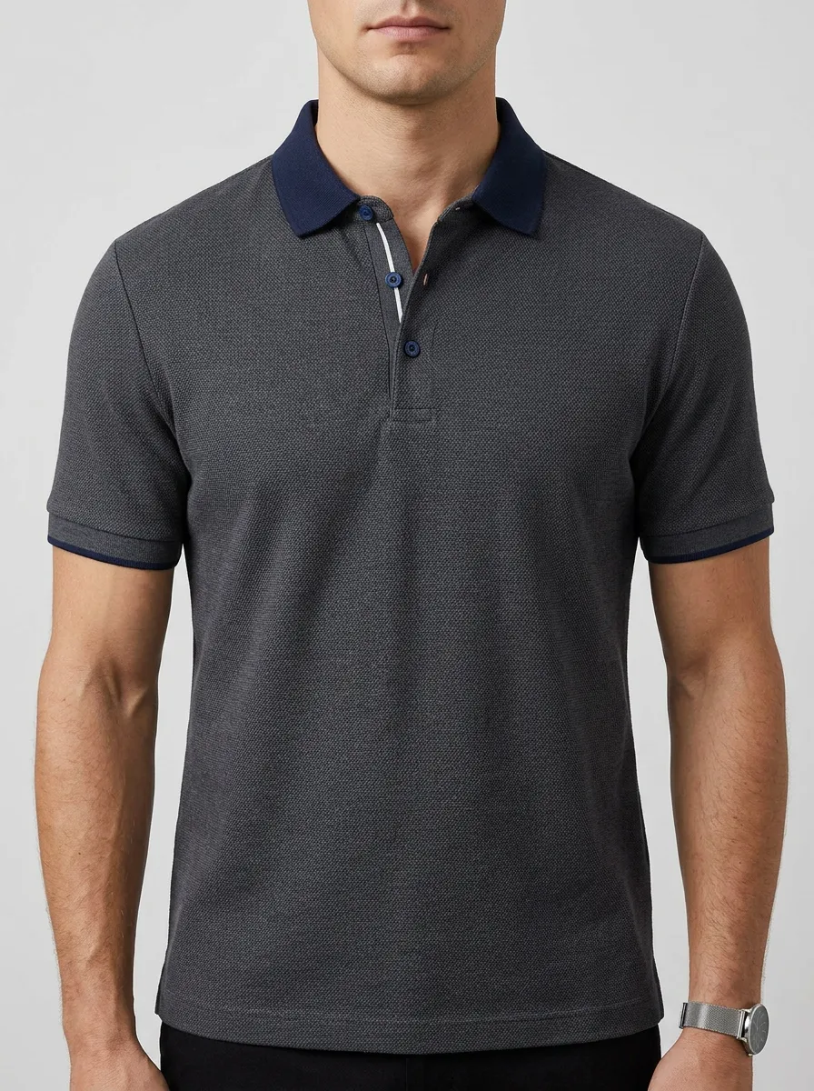 Men's Smart-Casual Textured Charcoal Navy Trim Polo Shirt
