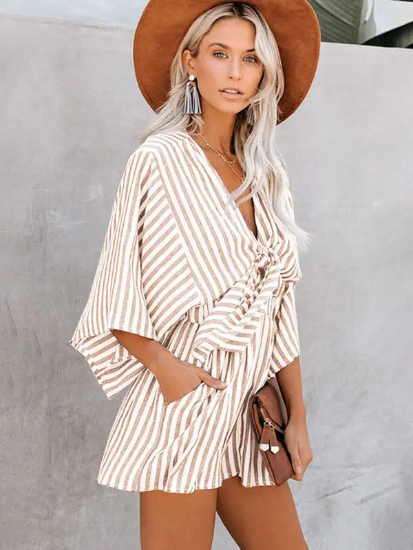 Slim Waist Striped Deep V Trumpet Jumpsuit