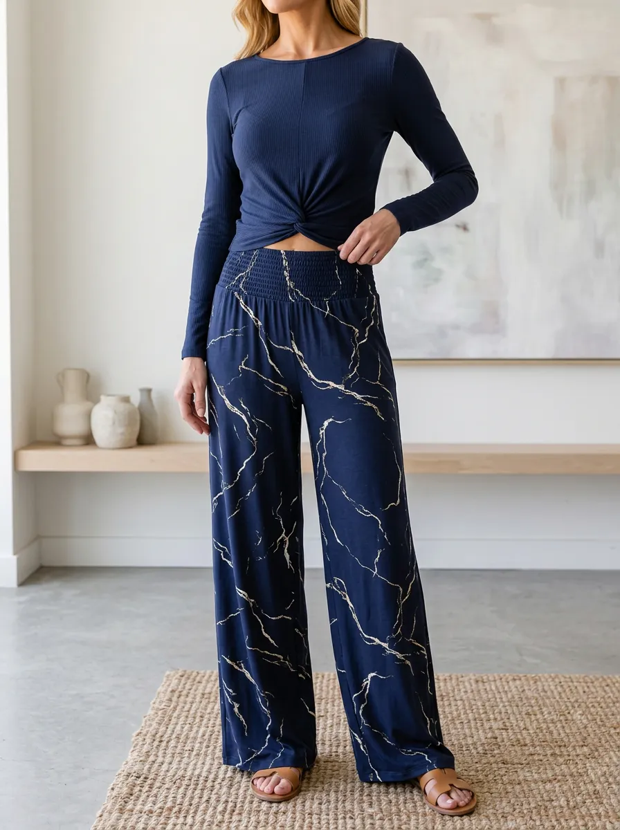 Women's Lounge Marble Patterned Long Sleeve Wide Leg Pants Set