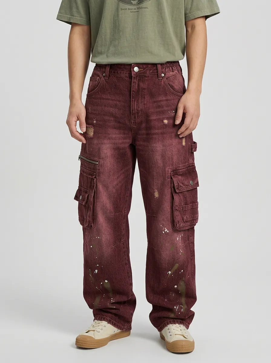 Men's Streetwear Distressed Paint Splatter Multi-Pocket Cargo Jeans