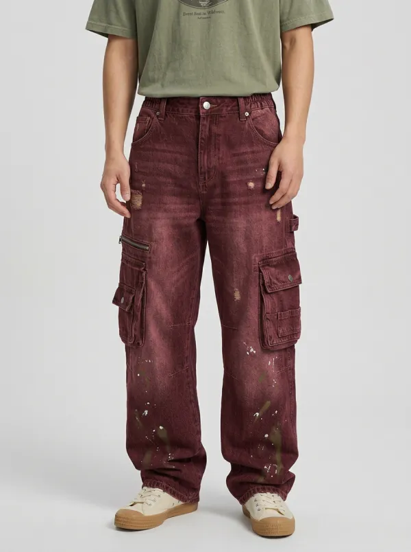 Men's Streetwear Distressed Paint Splatter Multi-Pocket Cargo Jeans