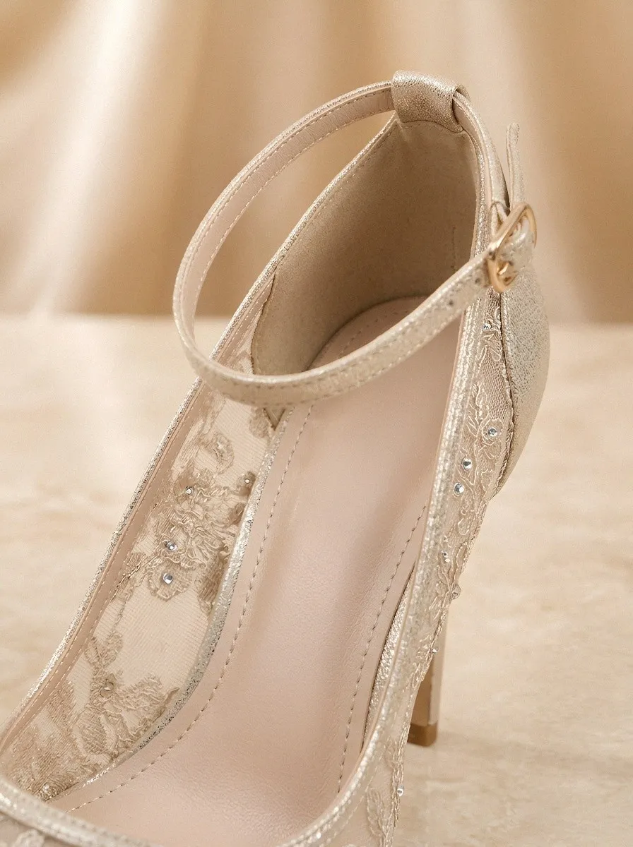 Rhinestone Floral Lace-Detail Embroidered Women's Formal High Heels
