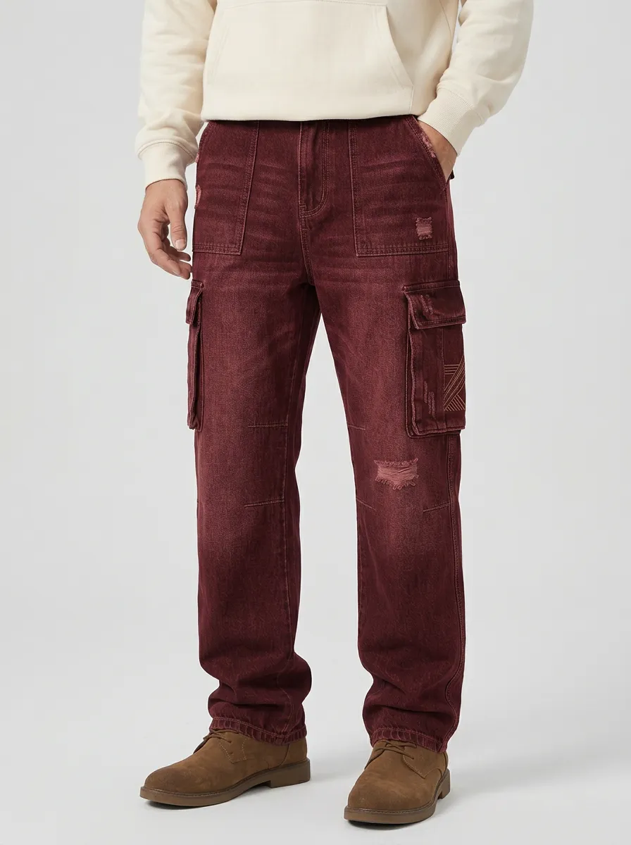Men's Distressed Denim Geometric Pattern Cargo Pants