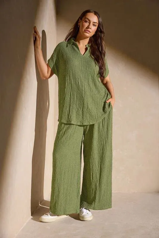 Khaki Green Crinkle Short Sleeve Top