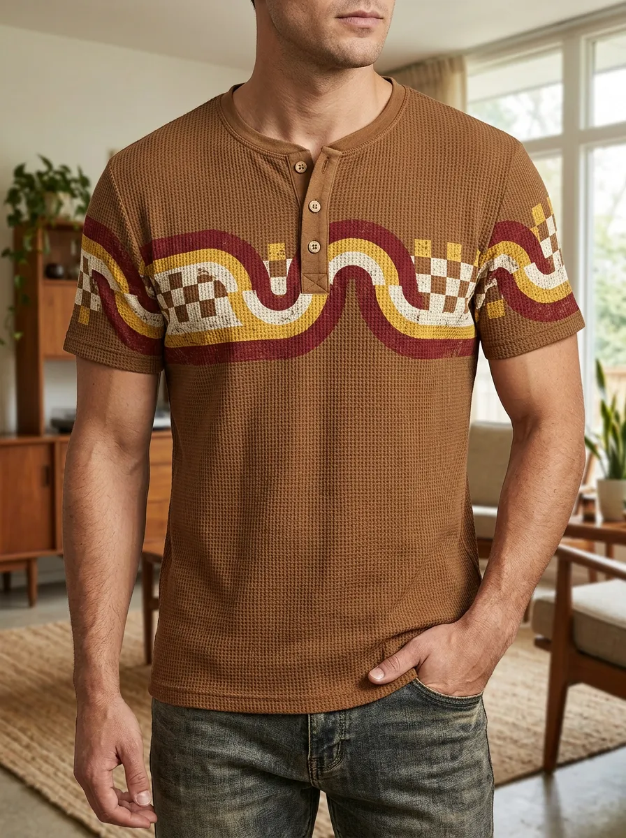 Men's Classic Retro Waffle Knit Checkered Wave Henley T-Shirt