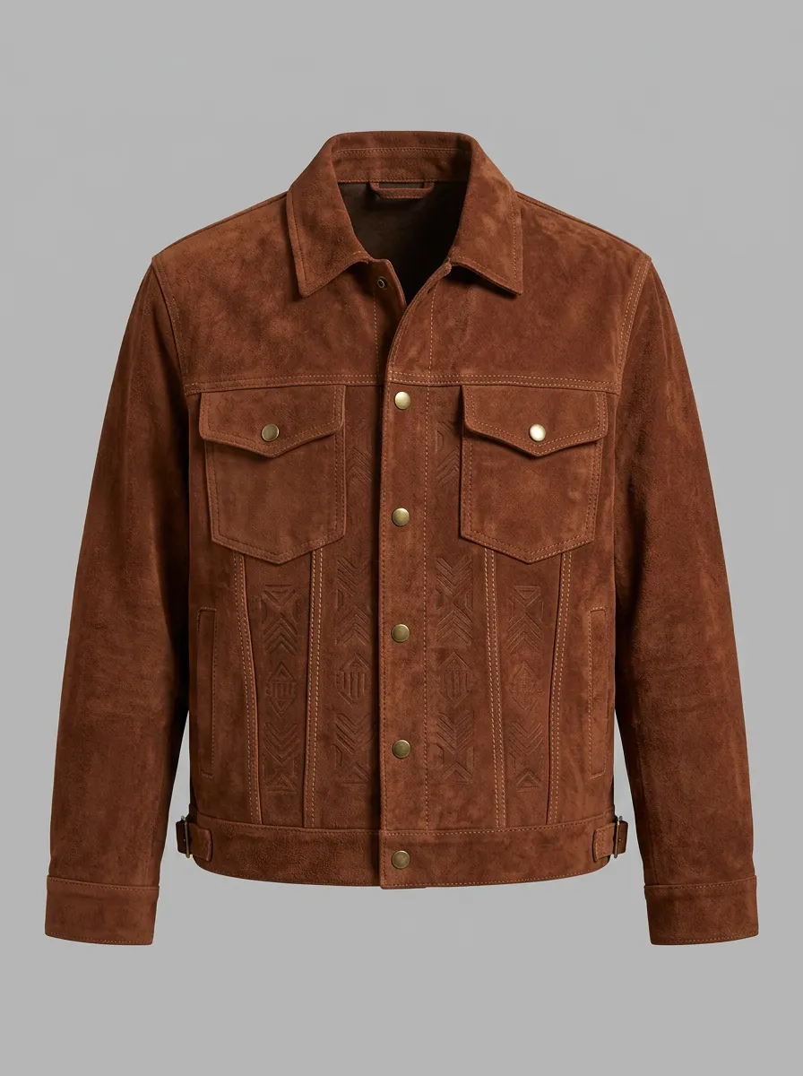 Men's Western Style Brown Suede Geometric Embossed Jacket