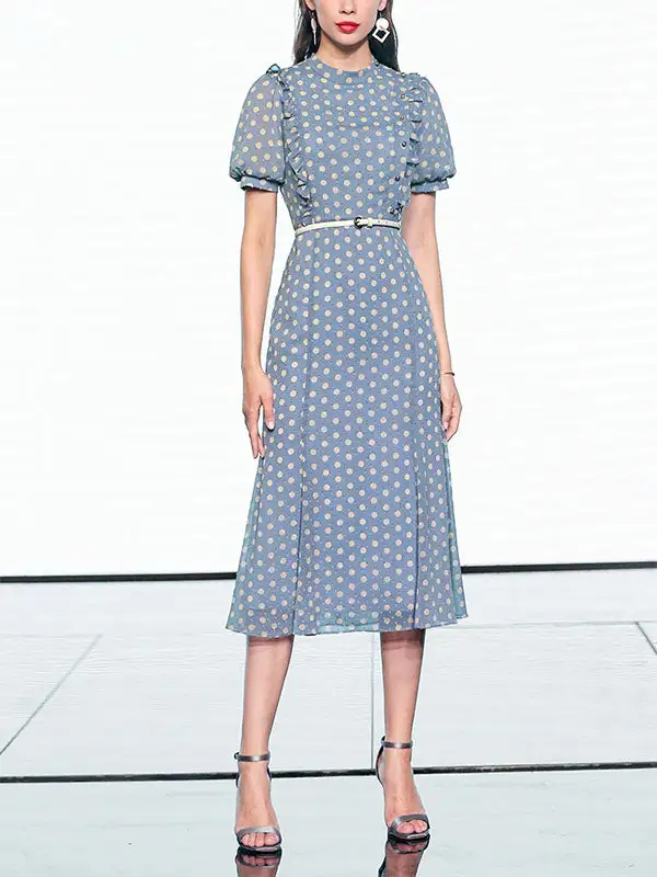 Chiffon Polka Puff Long Dress