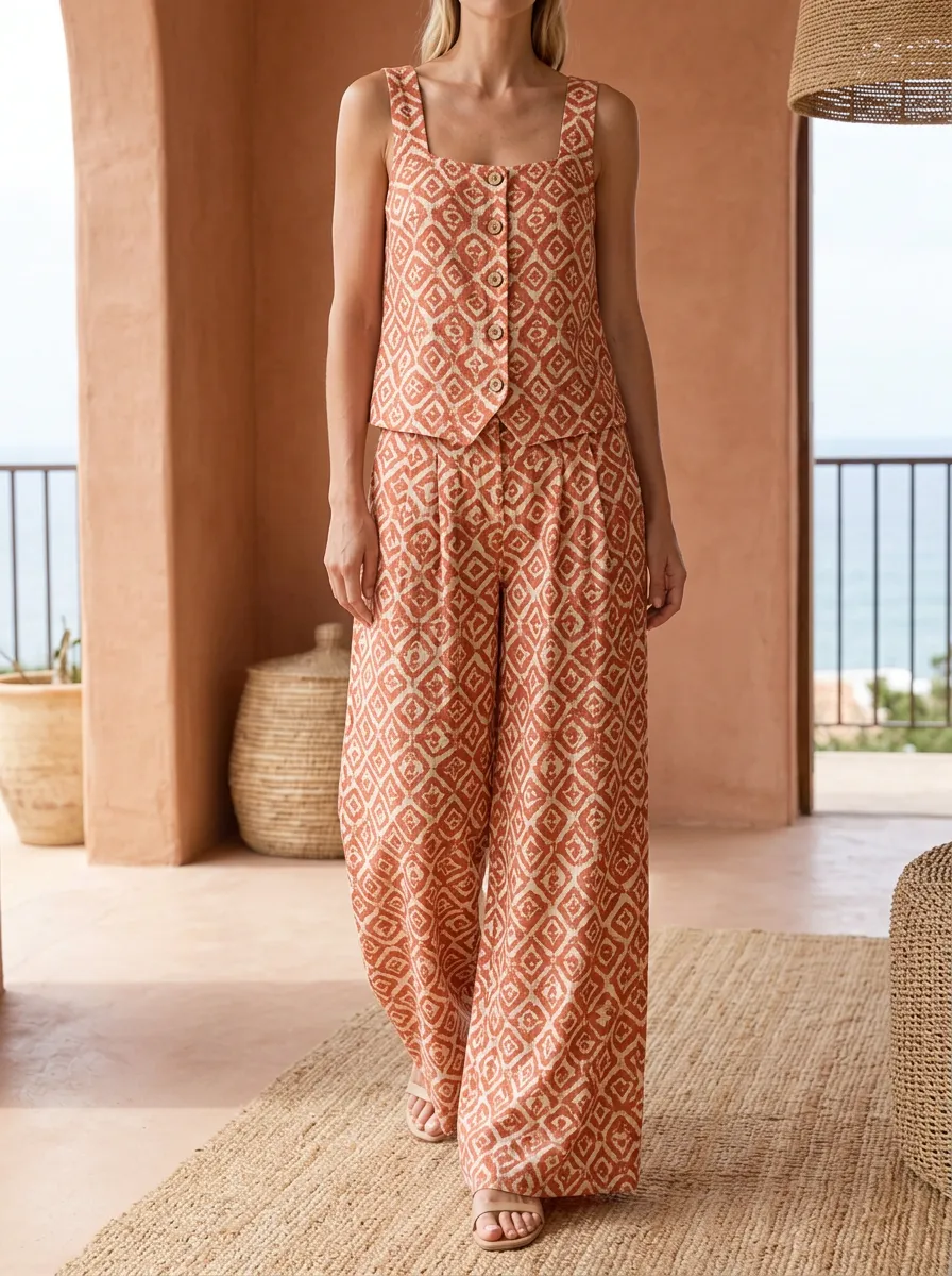 Women's Boho Summer Geometric Patterned Button-Down Tank Wide Leg Pants Set