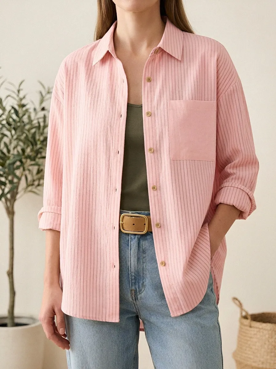 Women's Casual Minimalist Beige Striped Pocket Button-Down Shirt