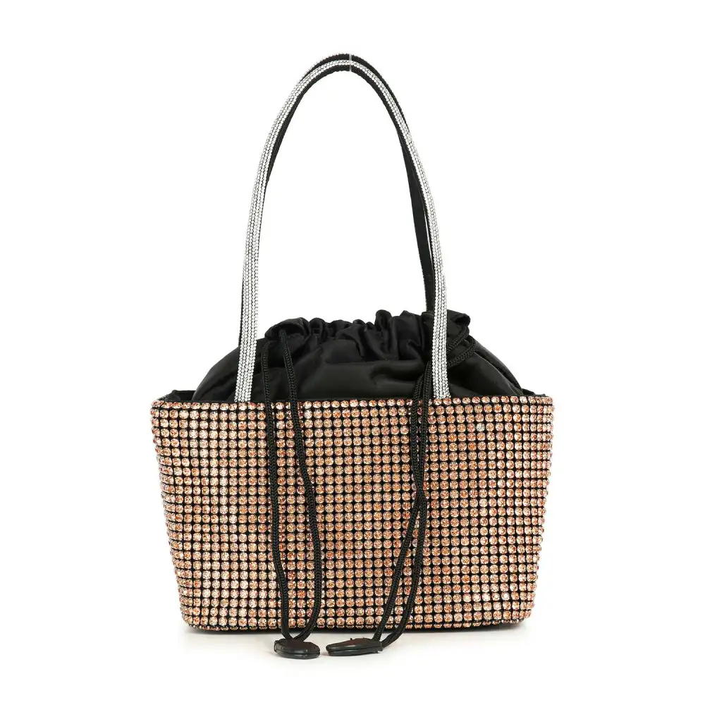 Crystal Accent Chain Accent Drawstring Faux Leather Bucket Shoulder Bag