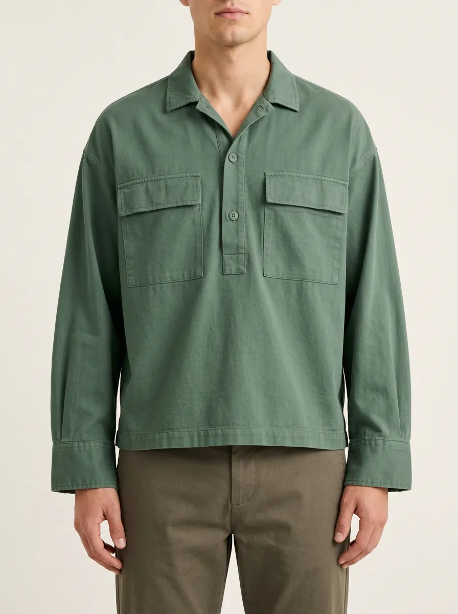 Green Classic Collar Shirt with Pocket Detail
