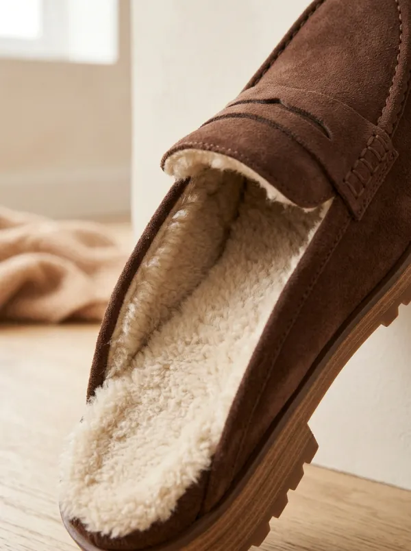 Women's Faux Fur Lined Platform Clog Style Suede Wood Sole Loafers