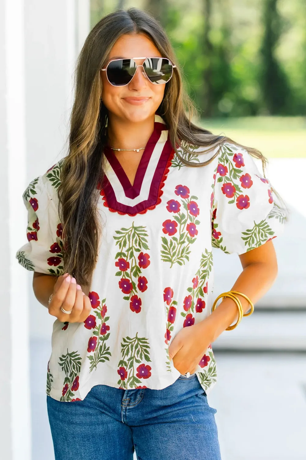 White Floral Short Bubble Sleeve Blouse