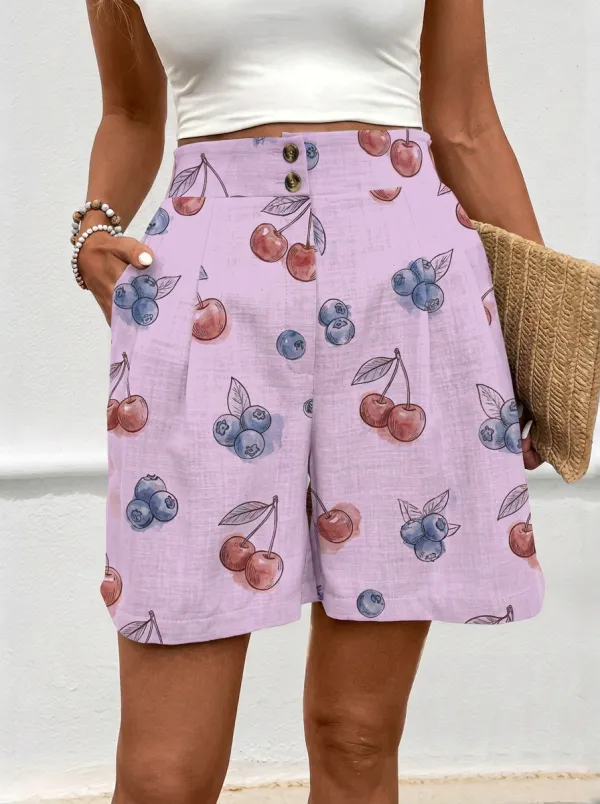 Women's Summer Fruit Lover Cherry Blueberry Printed Shorts