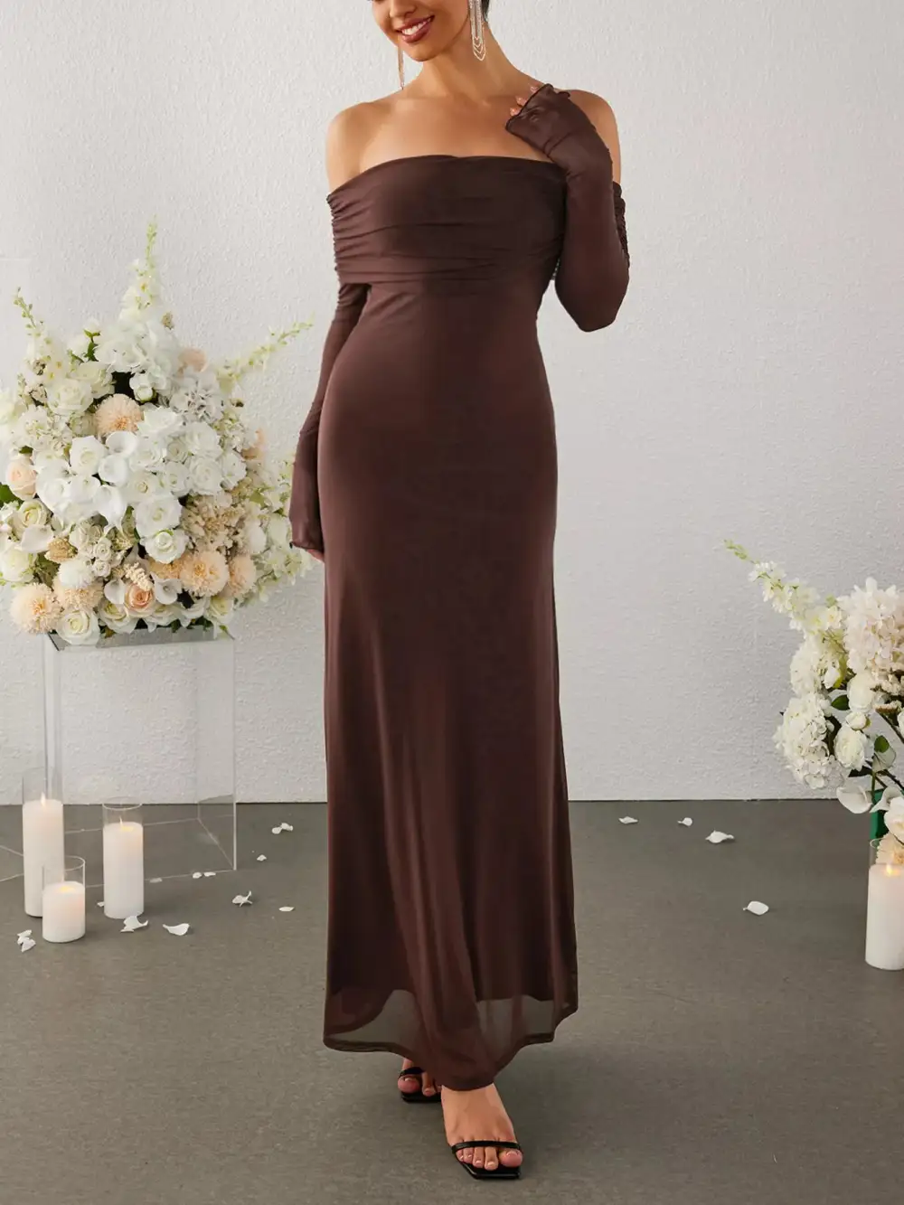 Wearable Cut Ruched Long Sleeve Maxi Dress