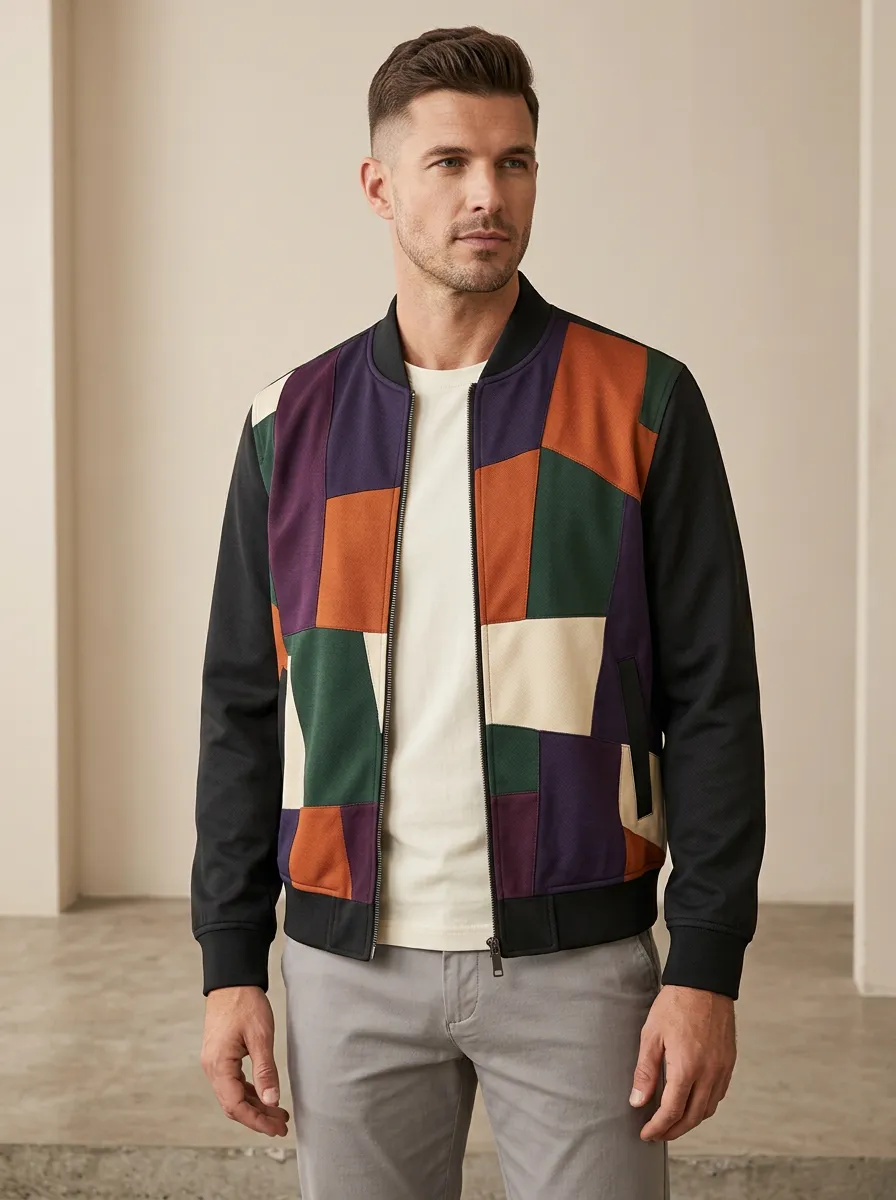 Patchwork Print Contrast Panels Bomber Jacket
