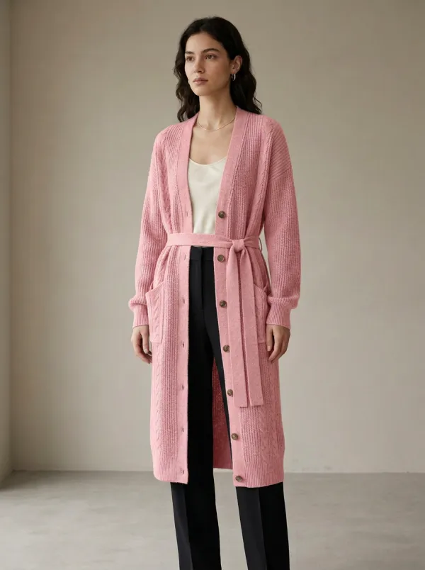 Women's Cable Knit Belted Minimal Knit Cardigan