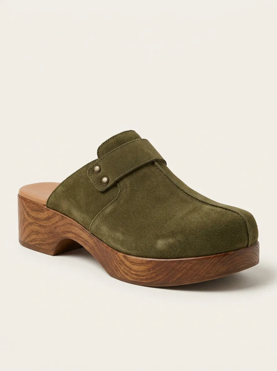 Men's Suede Vamp-Strap Center-Seam Wood-Effect Clogs