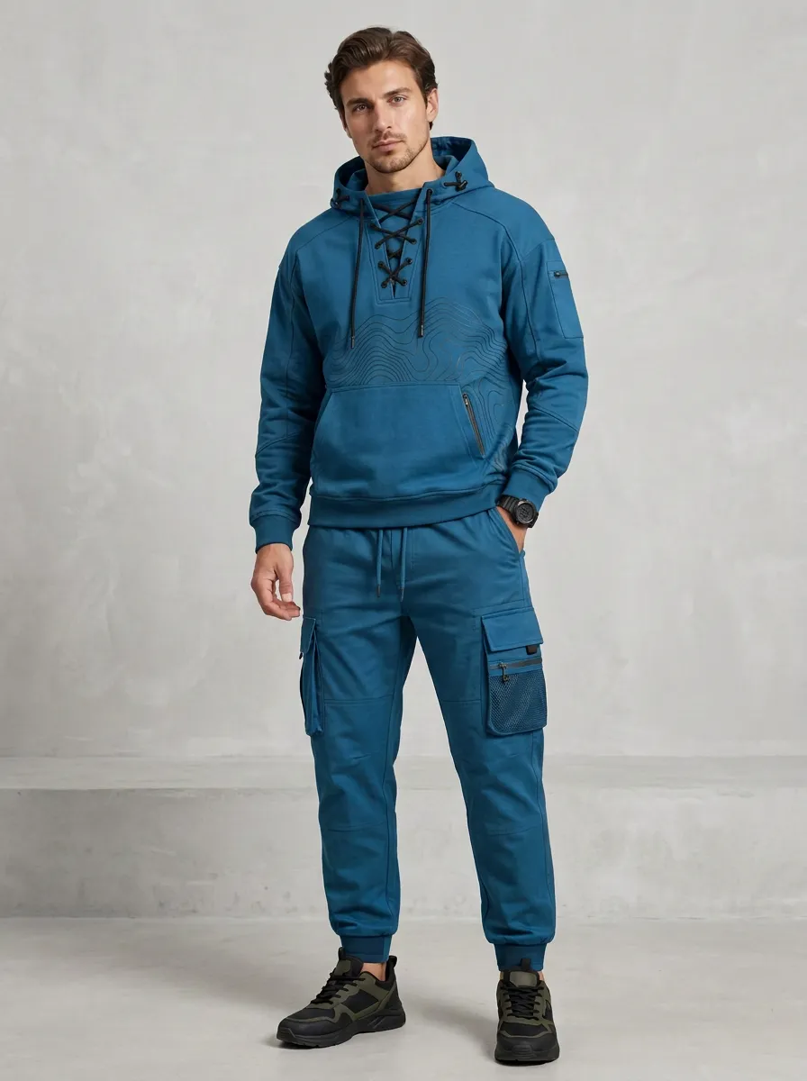 Trail-Inspired Lace-Up Topographic Utility Look Men's Lace Up Hoodie And Cargo Jogger Set