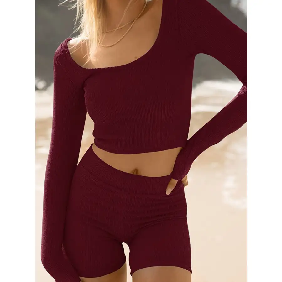 Scoop Neck Long Sleeve Top and Shorts Set