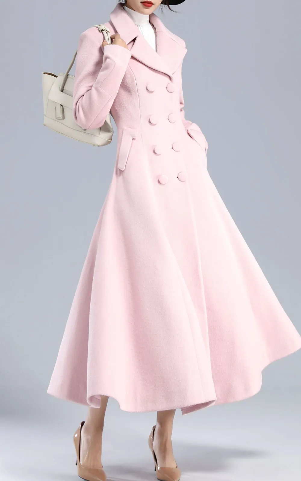 Wool Blend A Line Double Breasted Lapel Collar Pocketed Coat