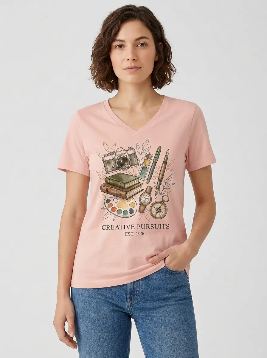 Women's Artist Creative Pursuits Camera Books Watercolor Graphic V-Neck T-Shirt