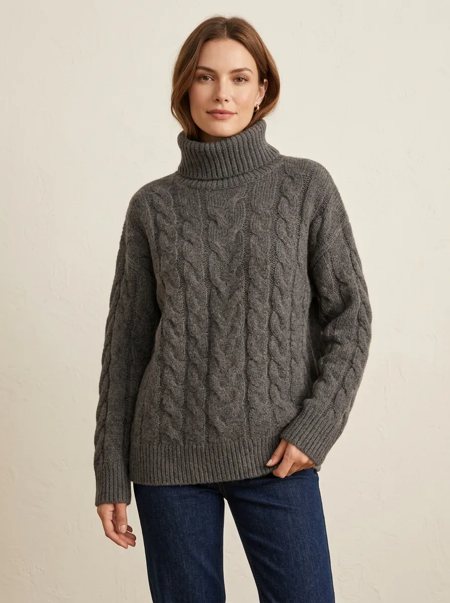 Women's Casual Winter Grey Cable Knit Turtleneck Sweater