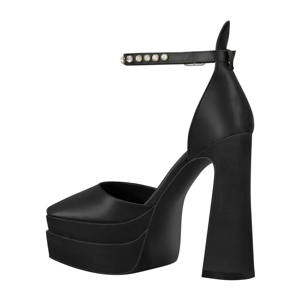 Satin Finish Rhinestone Pointed Toe Double Platform Chunky Heel Pumps