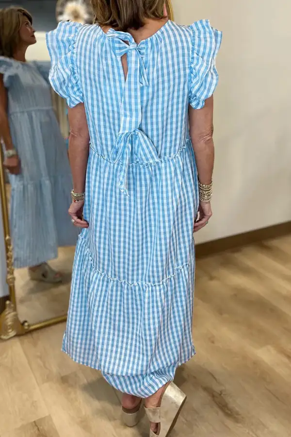 Classic Knot Back Ruffled Short Sleeve Gingham Maxi Dress