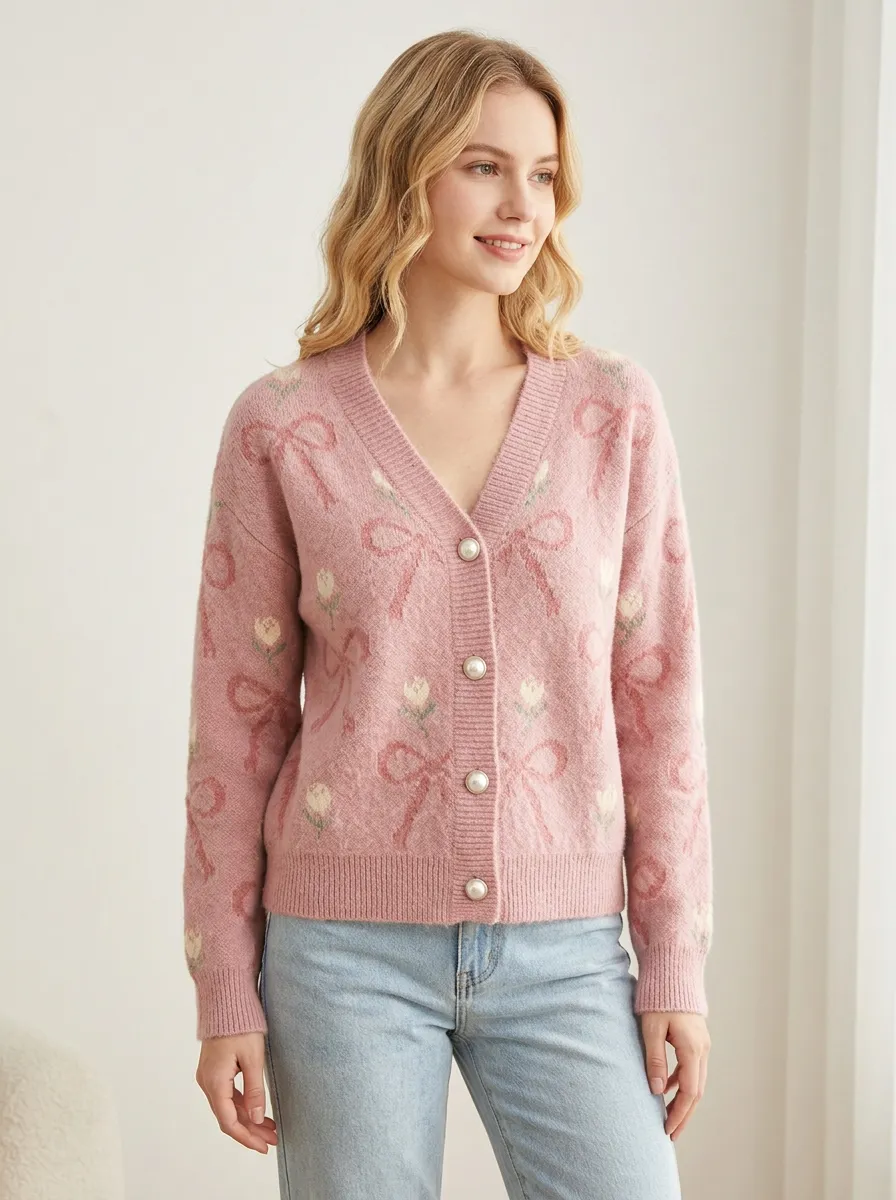 Women's Ribbon Bow Pattern Printed Cardigan