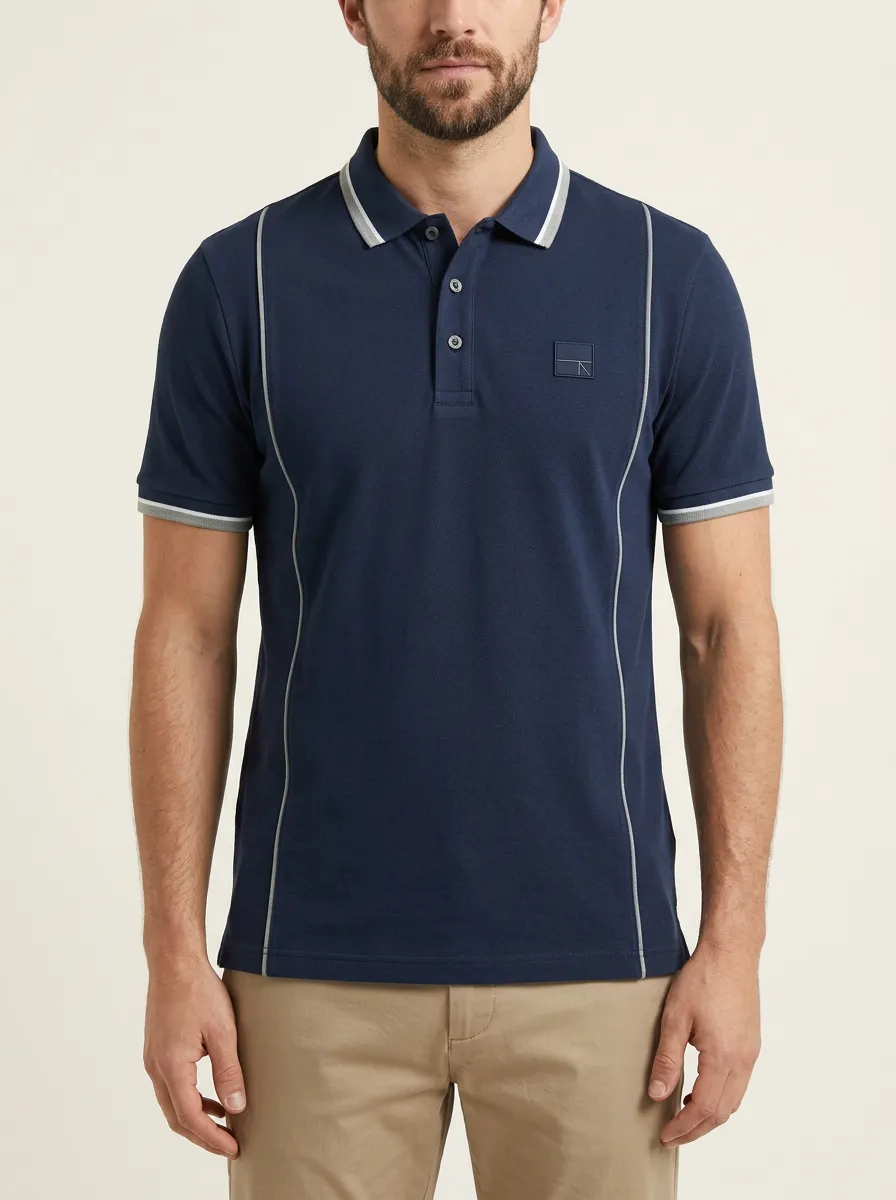 Men's Navy Blue Contrast Piping Embroidered Accent Polo Shirt