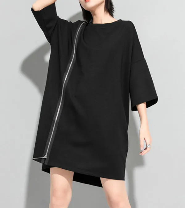 Original Zipper Batwing Sleeve Round Neck Mini Dress
