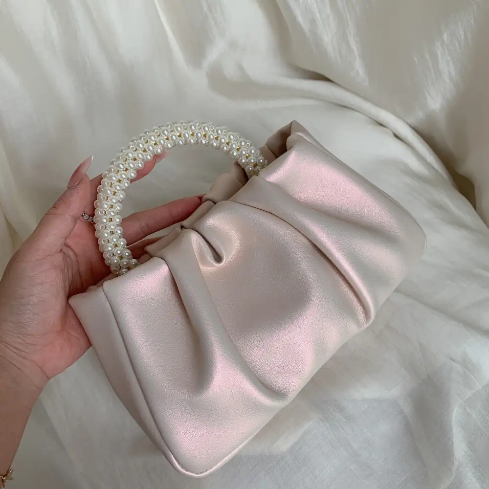 Compact Pearl Pleated Clutch Bag