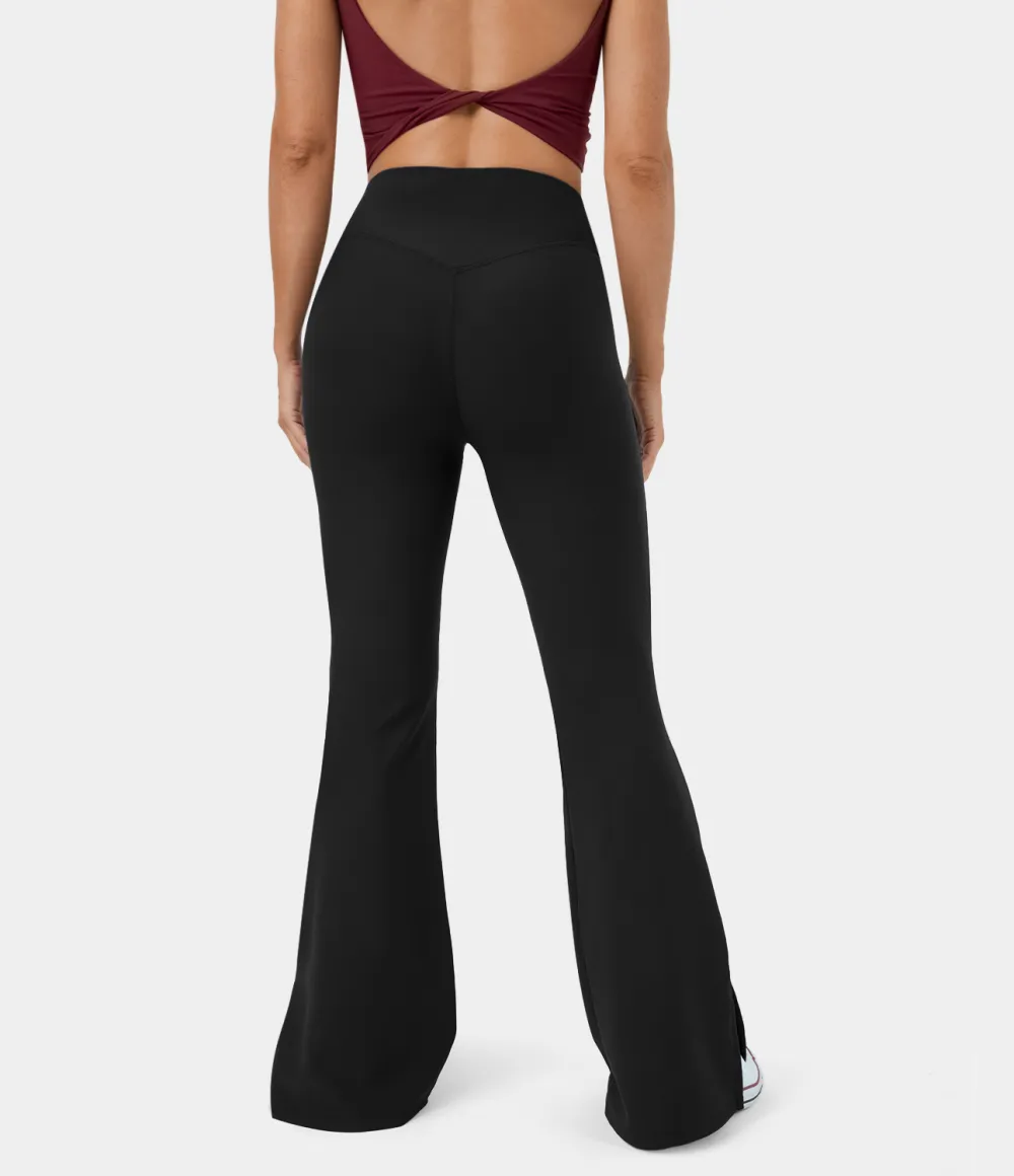 Patitoff Flow Pet Hair Resistant Crossover Pocket Split Hem Yoga Flare Leggings-Smile