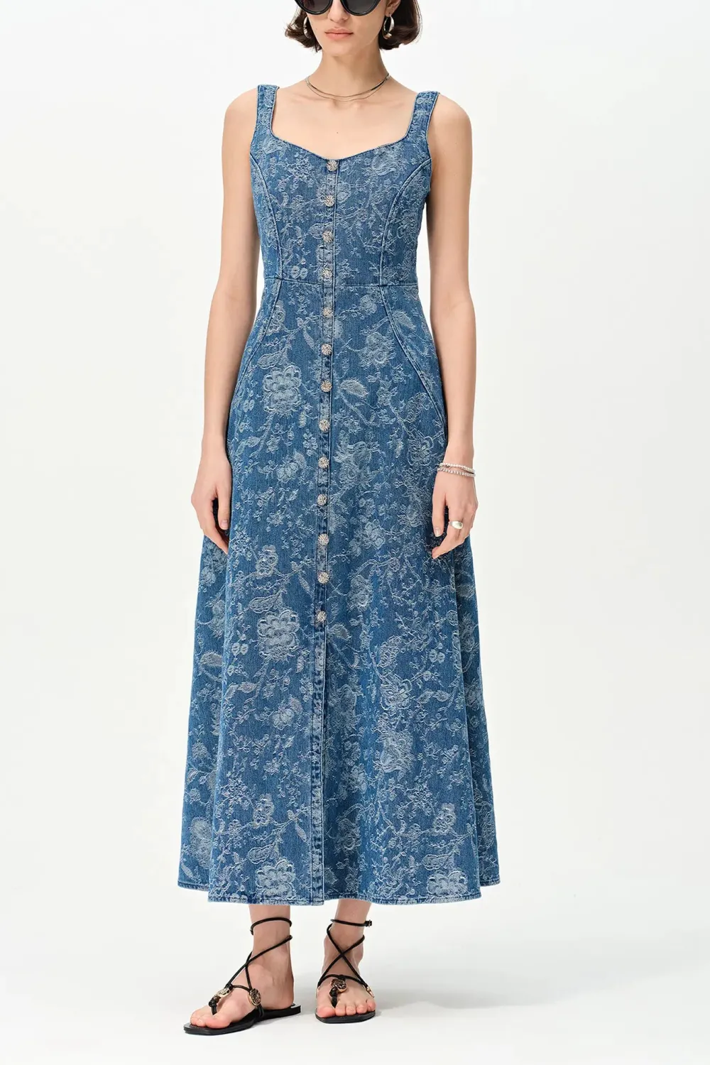 Floral Laser Cut Cotton Denim Maxi Dress
