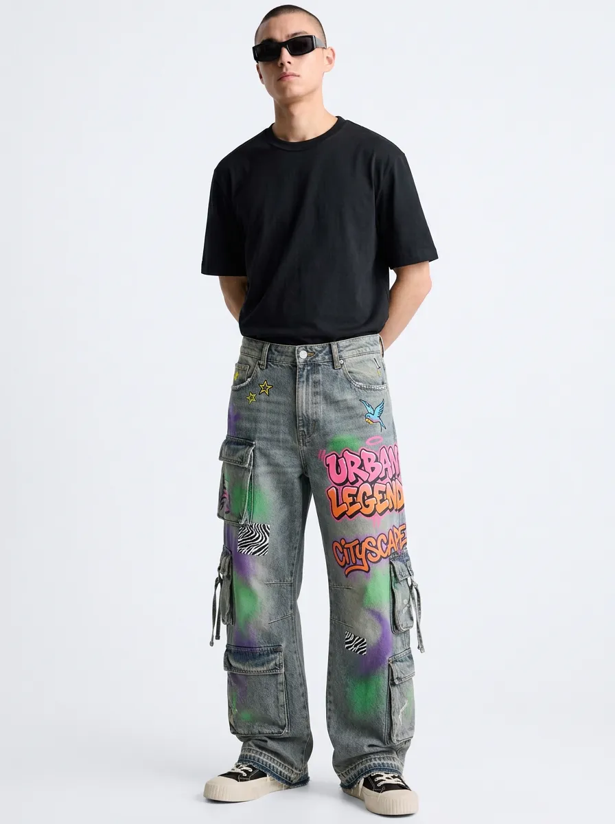 Men's Streetwear Urban Legend Graffiti Graphic Cargo Jeans