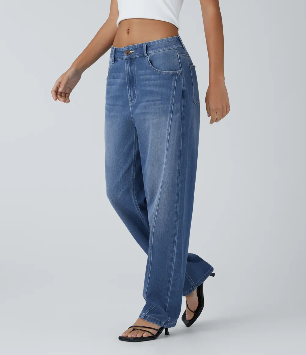 Magic Mid Low Rise Button Zipper Multiple Pockets Washed Stretchy Knit Casual Mom Jeans