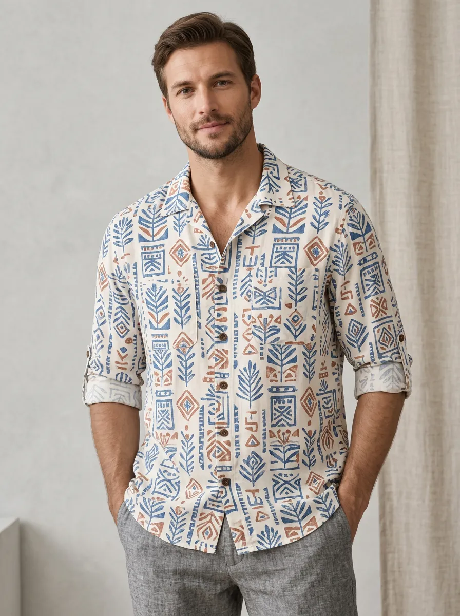 Men's Refined Geometric Tribal Printed Shirt