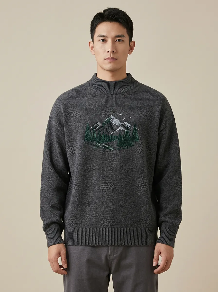 Men's Mountain Forest Embroidered Mock-Neck Knit Sweater