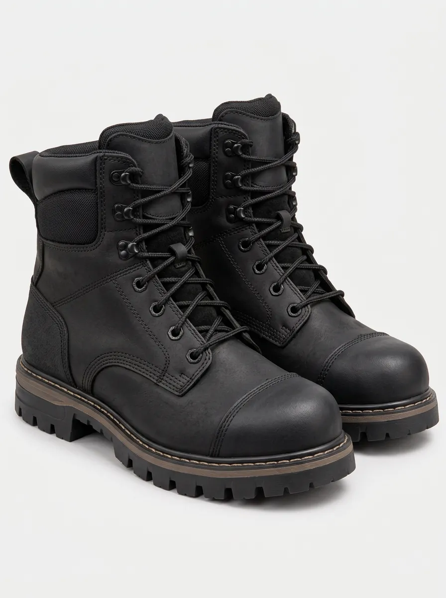Distinctive Black Tactical Style Work Boots with Leather Look