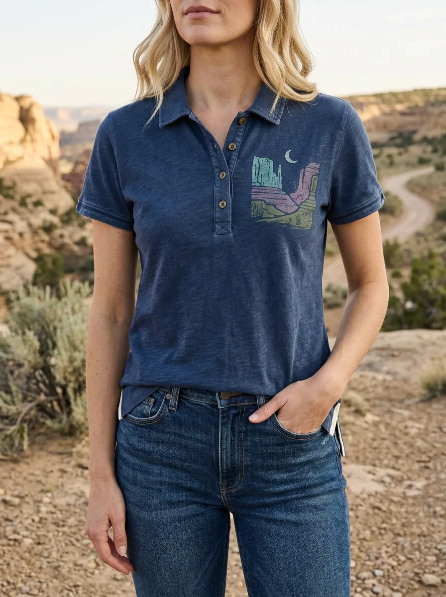 Women's Desert Nature Lover Canyon Moon Printed Polo Shirt