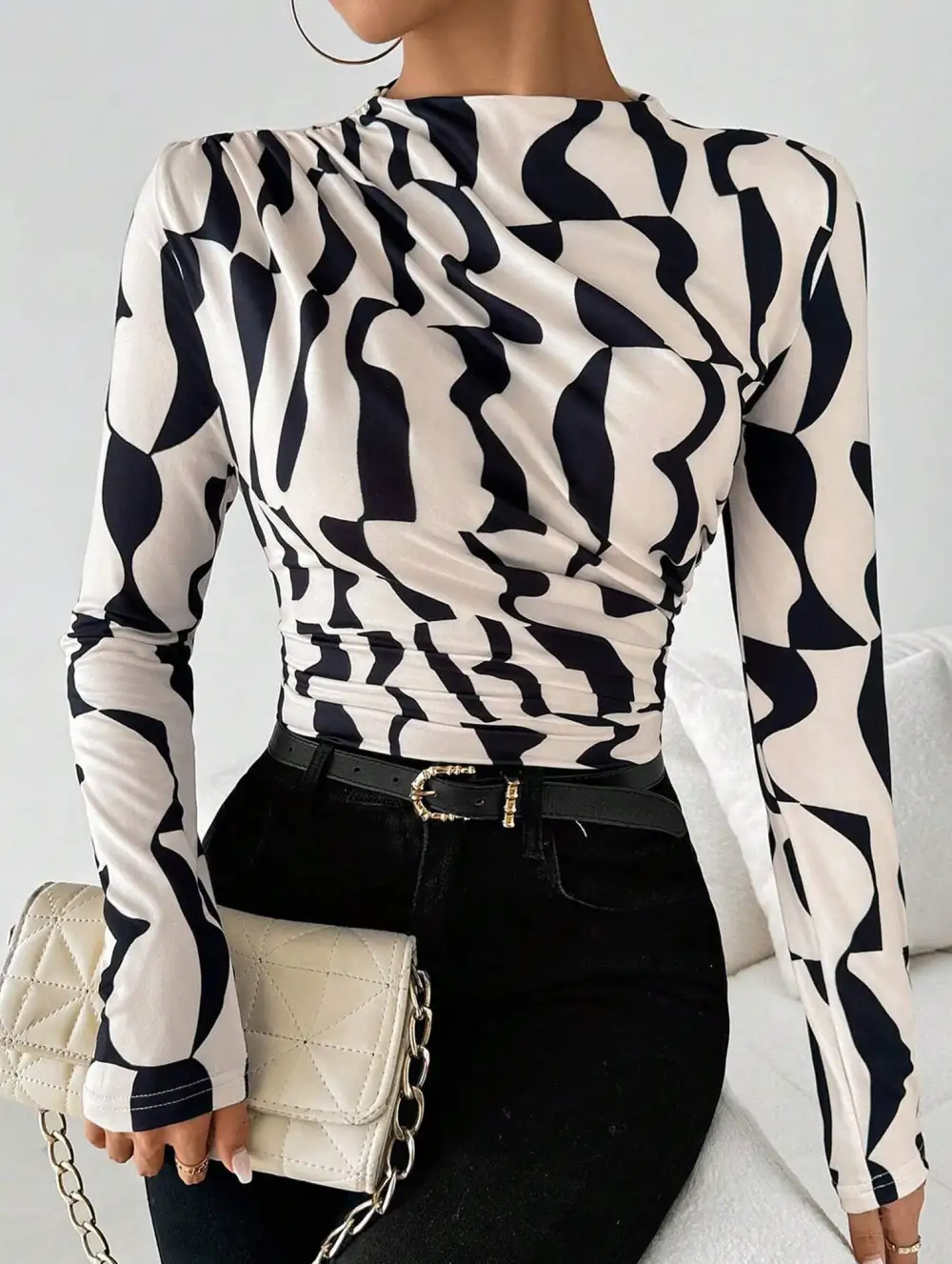 Ruffle Mock Neck Print Slim Top