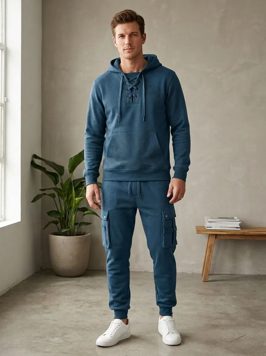 Streamlined Lace-Up Topographic Street Look Men's Lace Up Hoodie And Cargo Jogger Set